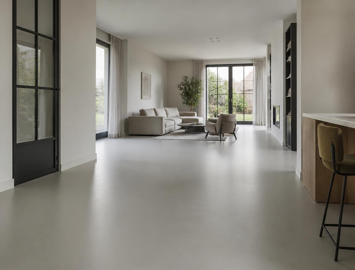 Gietvloer in combinatie met vloerverwarming in een moderne woonkamer